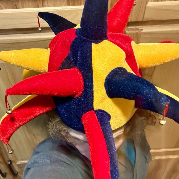 JESTER JOKER CARNIVAL HAT WITH TINGLING BELLS CAN YOU TAKE ME SERIOUSLY PLEASE - Picture 2 of 5